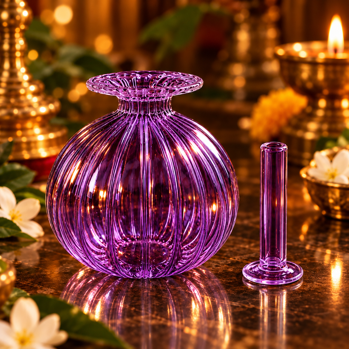 Premium Floral Glass Akhand Diya - Purple