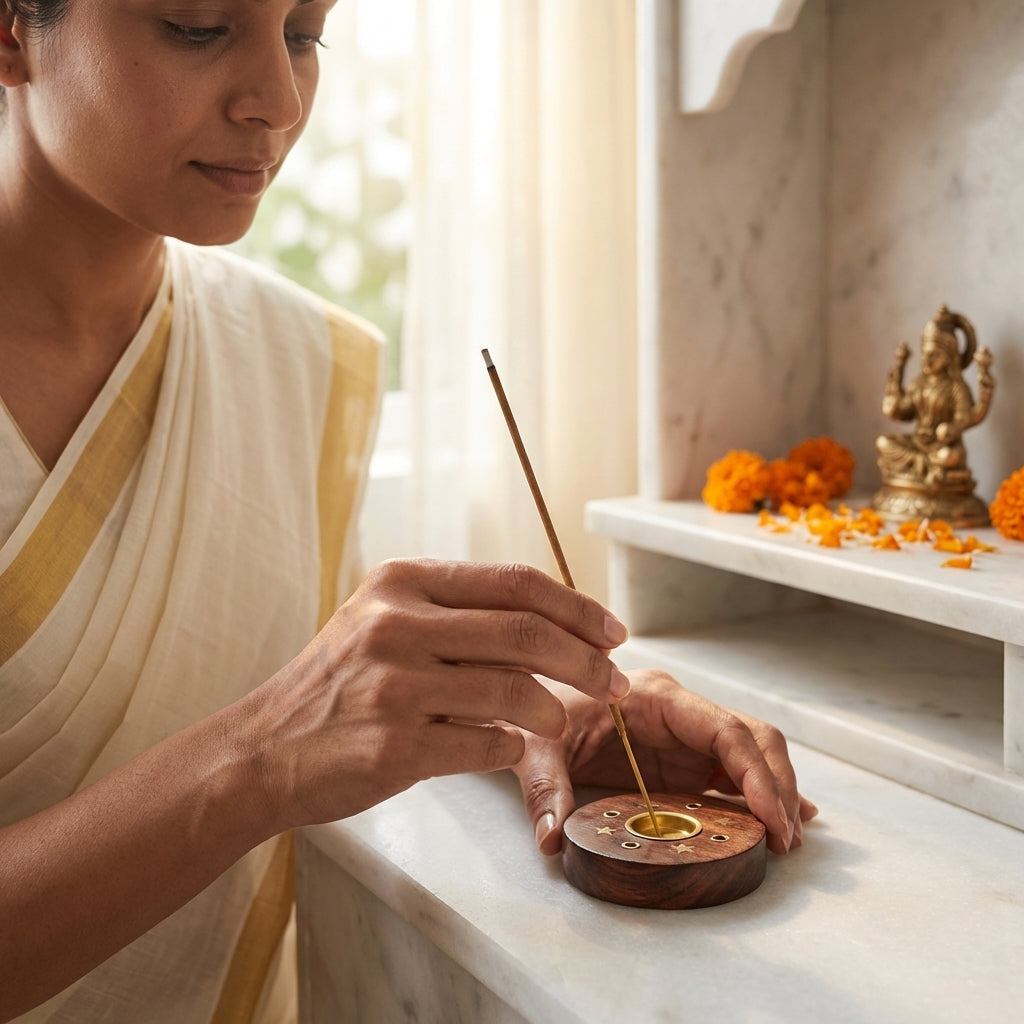 Circle Base Sheesham wood Agarbati Stand with Dhoop holder