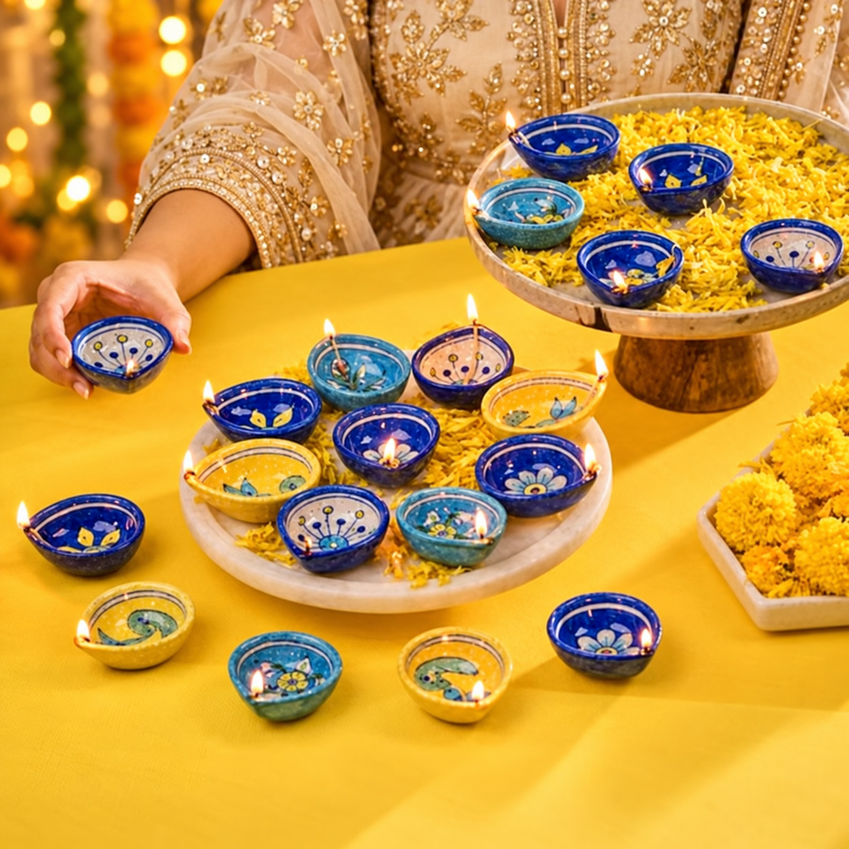 Handpainted Ceramic Diya - Jaipur Blue Pottery Art - Blue