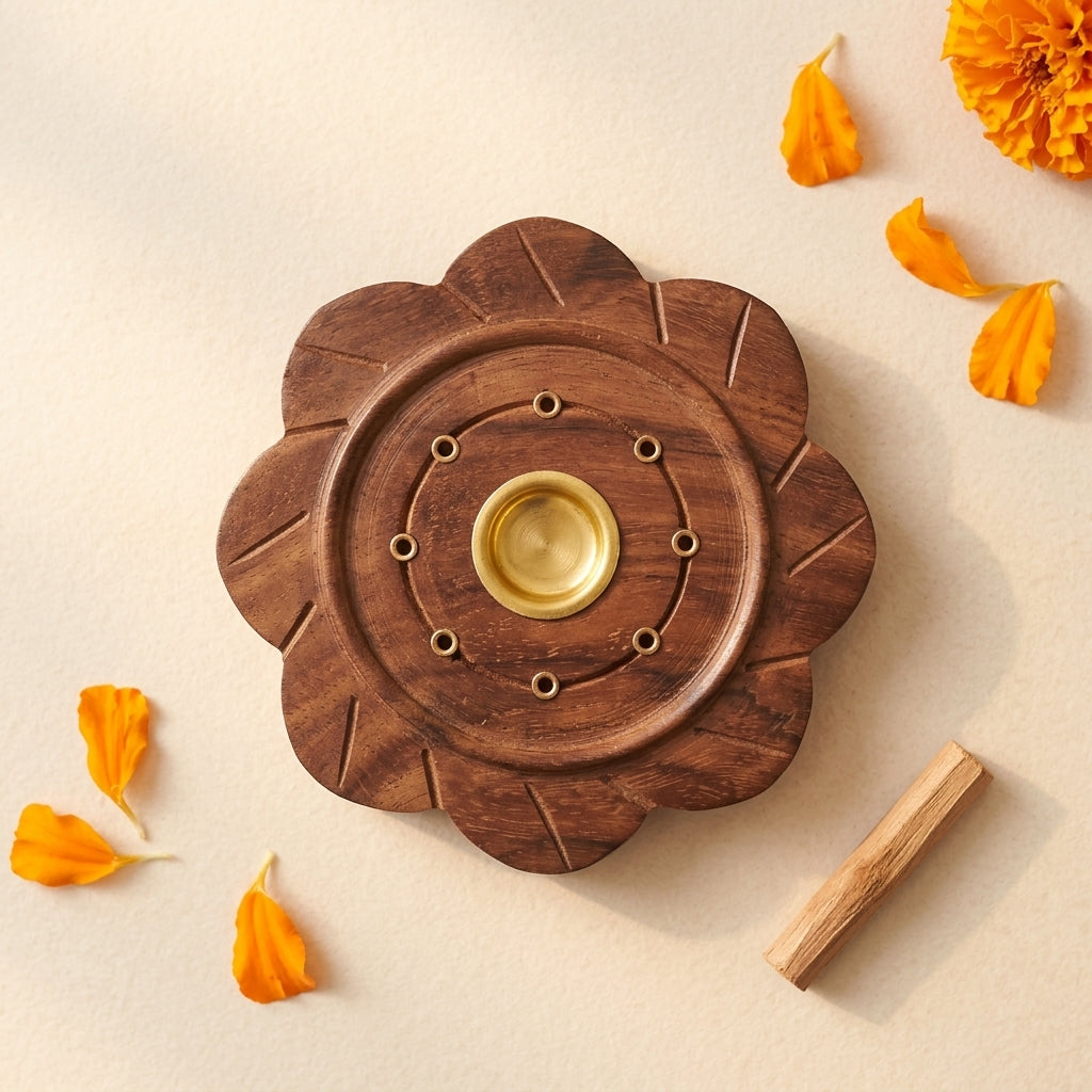 Flower Plate wood Agarbati Stand with Dhoop Holder
