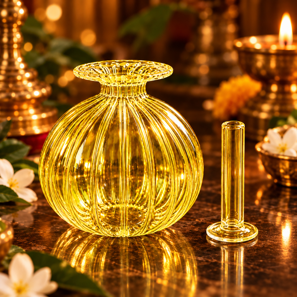 Premium Floral Glass Akhand Diya - Yellow