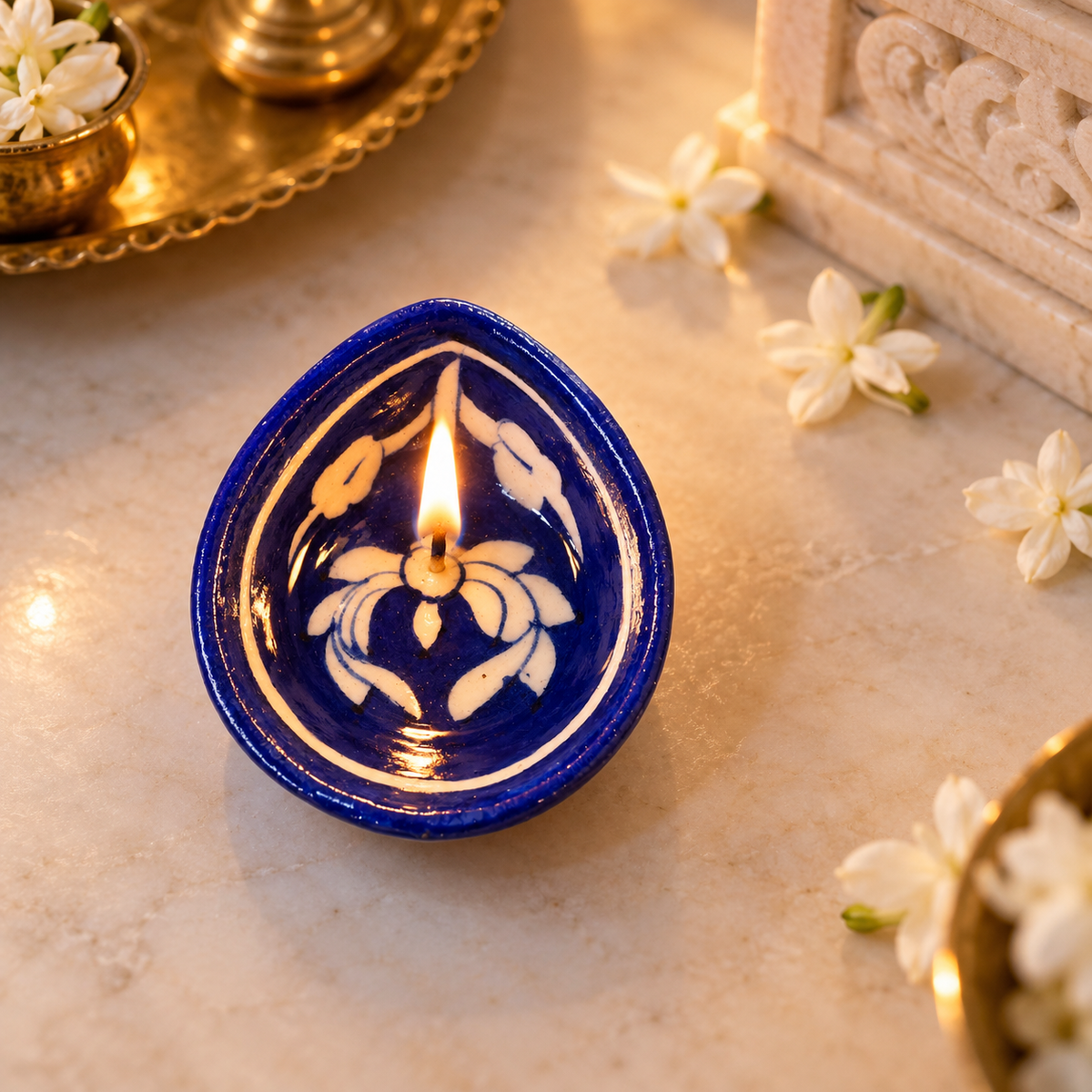 Handpainted Ceramic Diya - Jaipur Blue Pottery Art - Blue
