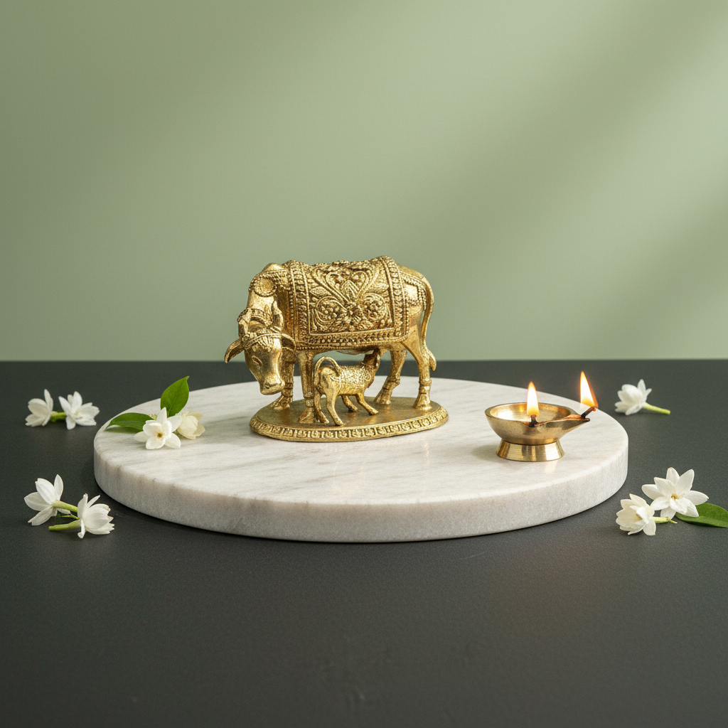 Brass Gau Mata Idol with Base | Kamdhenu - 1.2 Inch