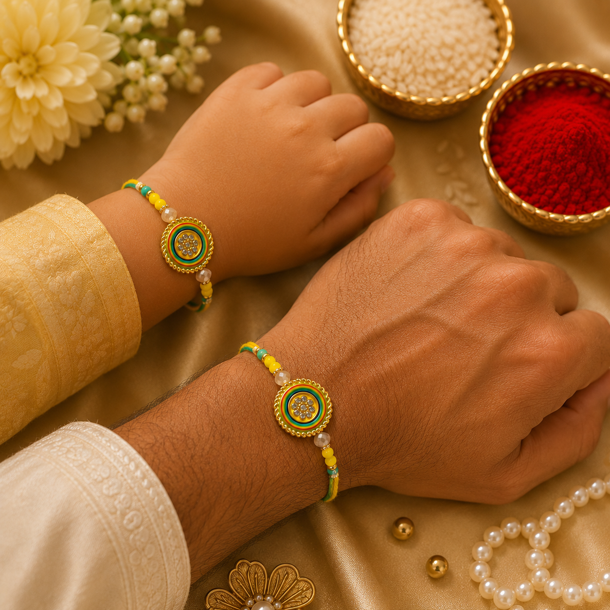 Elegant Flower Design Rakhi - Yellow and Green