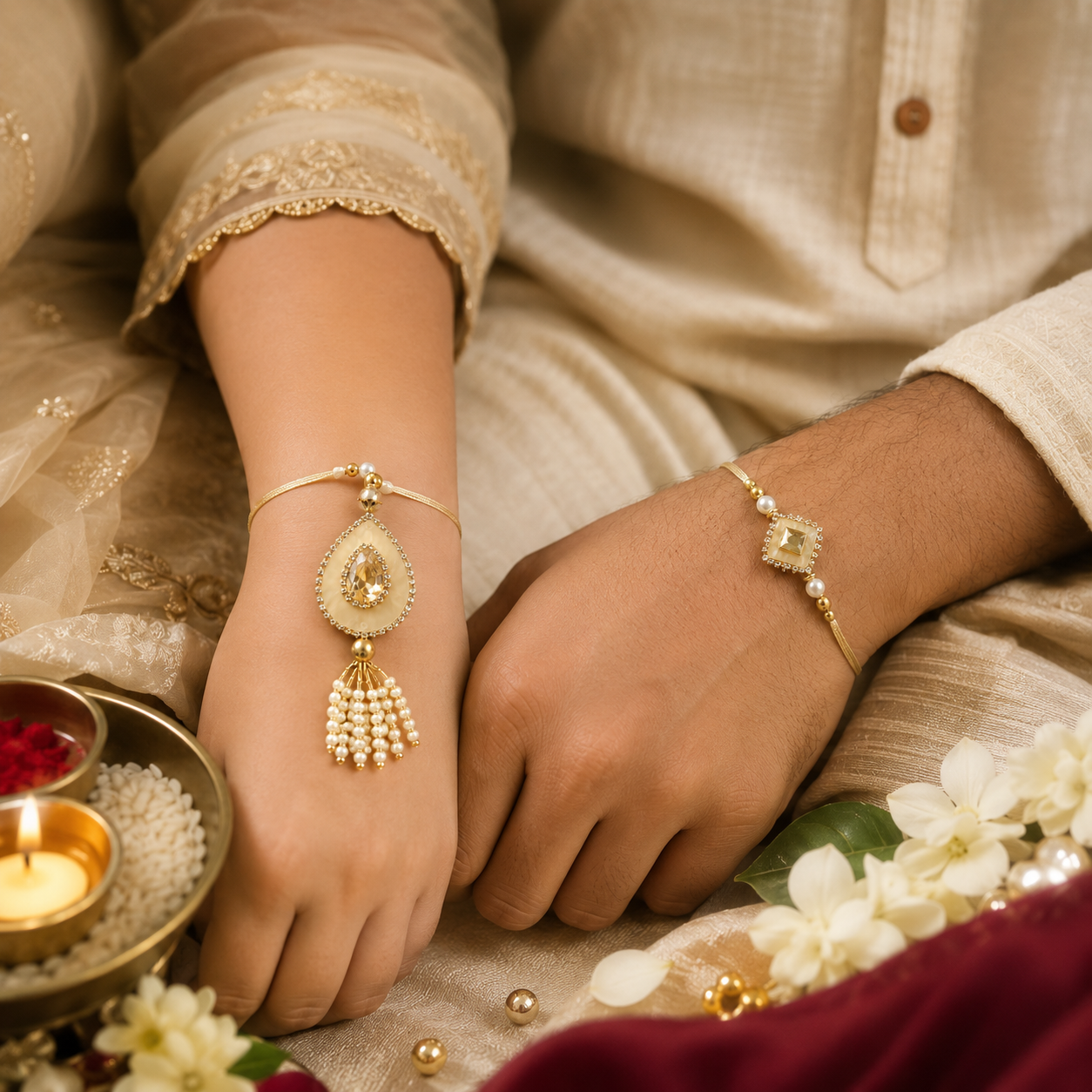 Bhaiya Bhabhi Rakhi Set – Beige Crystal Design