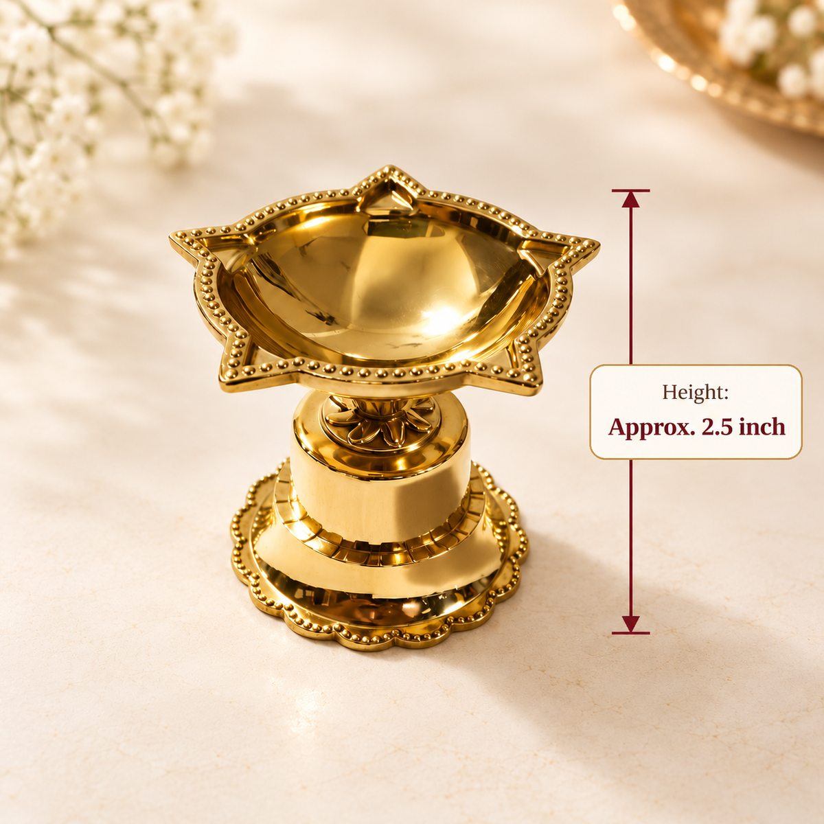 Panchmukhi Nakshatra Brass Diya - 2.5 inch - Brass Lotus Diya with Stand