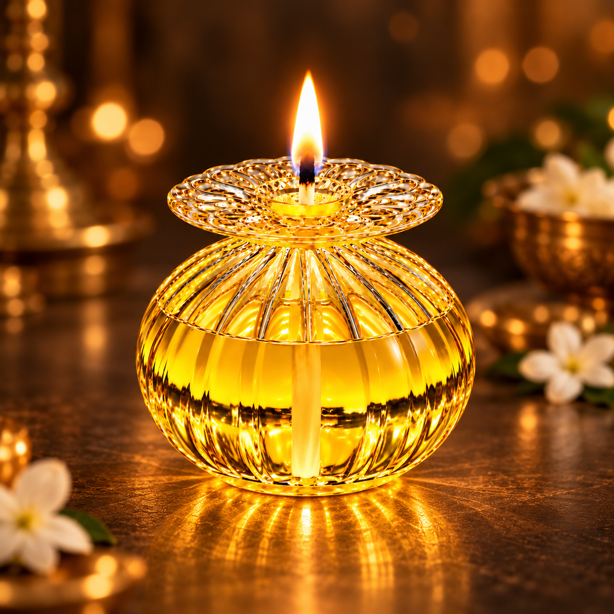 Premium Floral Glass Akhand Diya