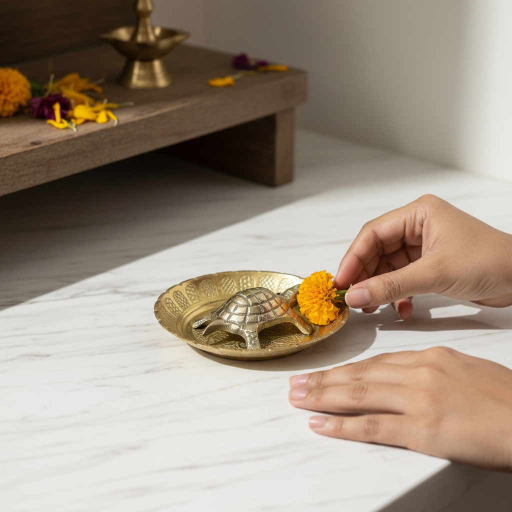 Brass Turtle with Plate and Vastu Shree Yantra on Tortoise