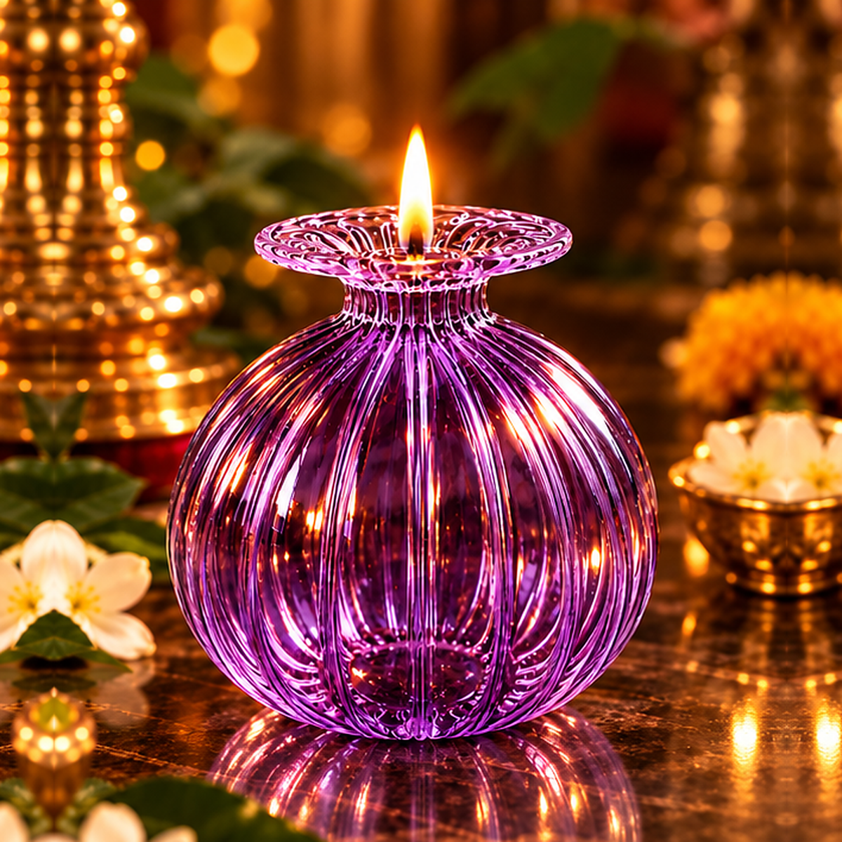 Premium Floral Glass Akhand Diya - Purple
