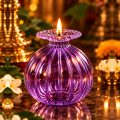 Premium Floral Glass Akhand Diya - Purple