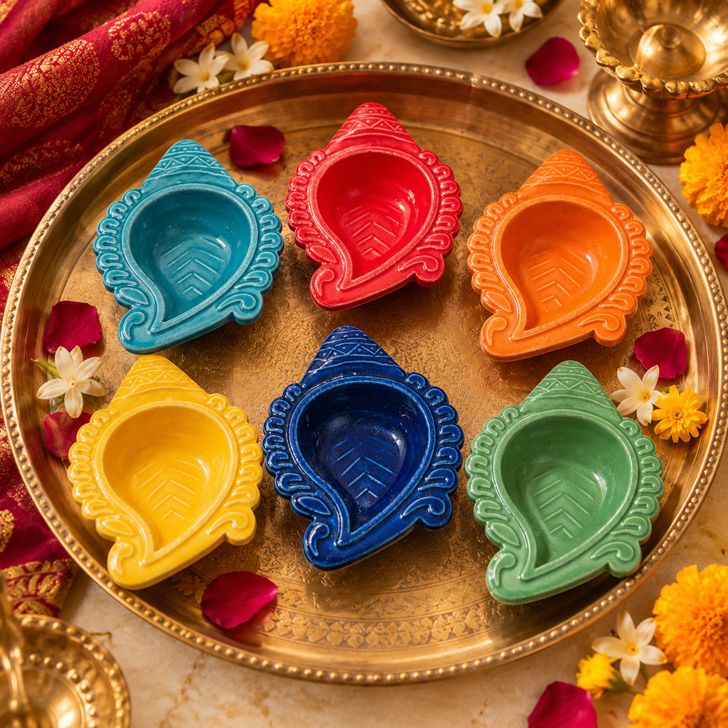 Multicolour Shankh Ceramic Diyas – Set of 6