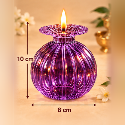 Premium Floral Glass Akhand Diya - Purple