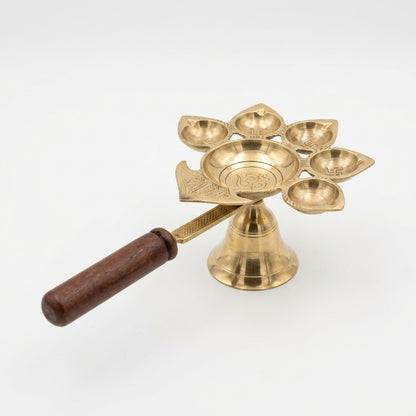 Panch Aarti Diya with Wooden Handle Panchmukhi/Pancha - 2.5 inch