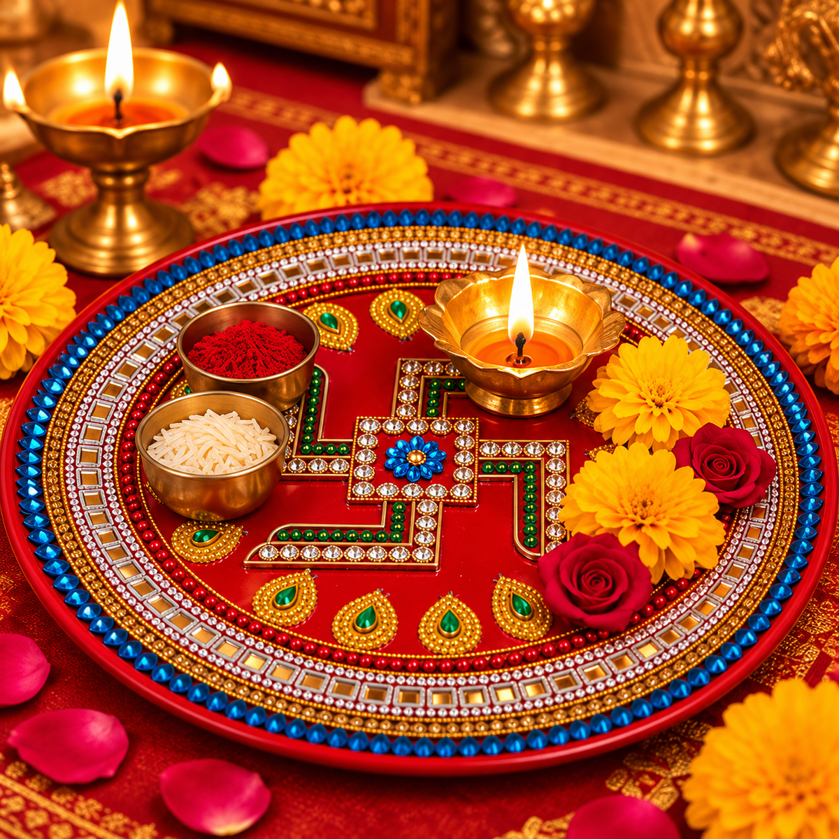 Decorative Swastik Pooja Thali - 10 Inch