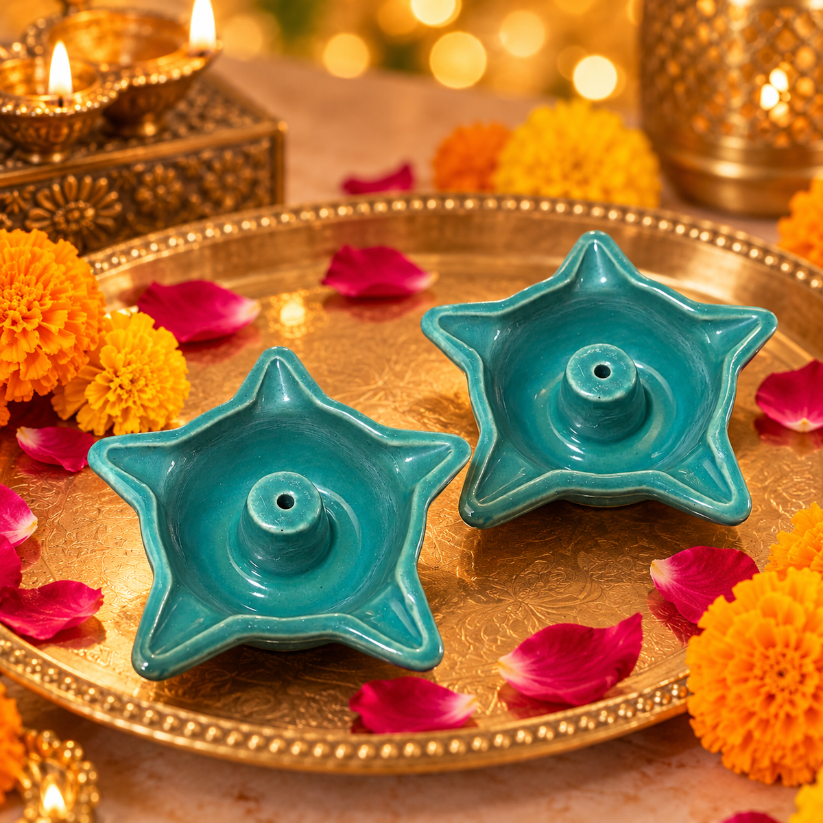 Turquoise Star Ceramic Diyas – Set of 2