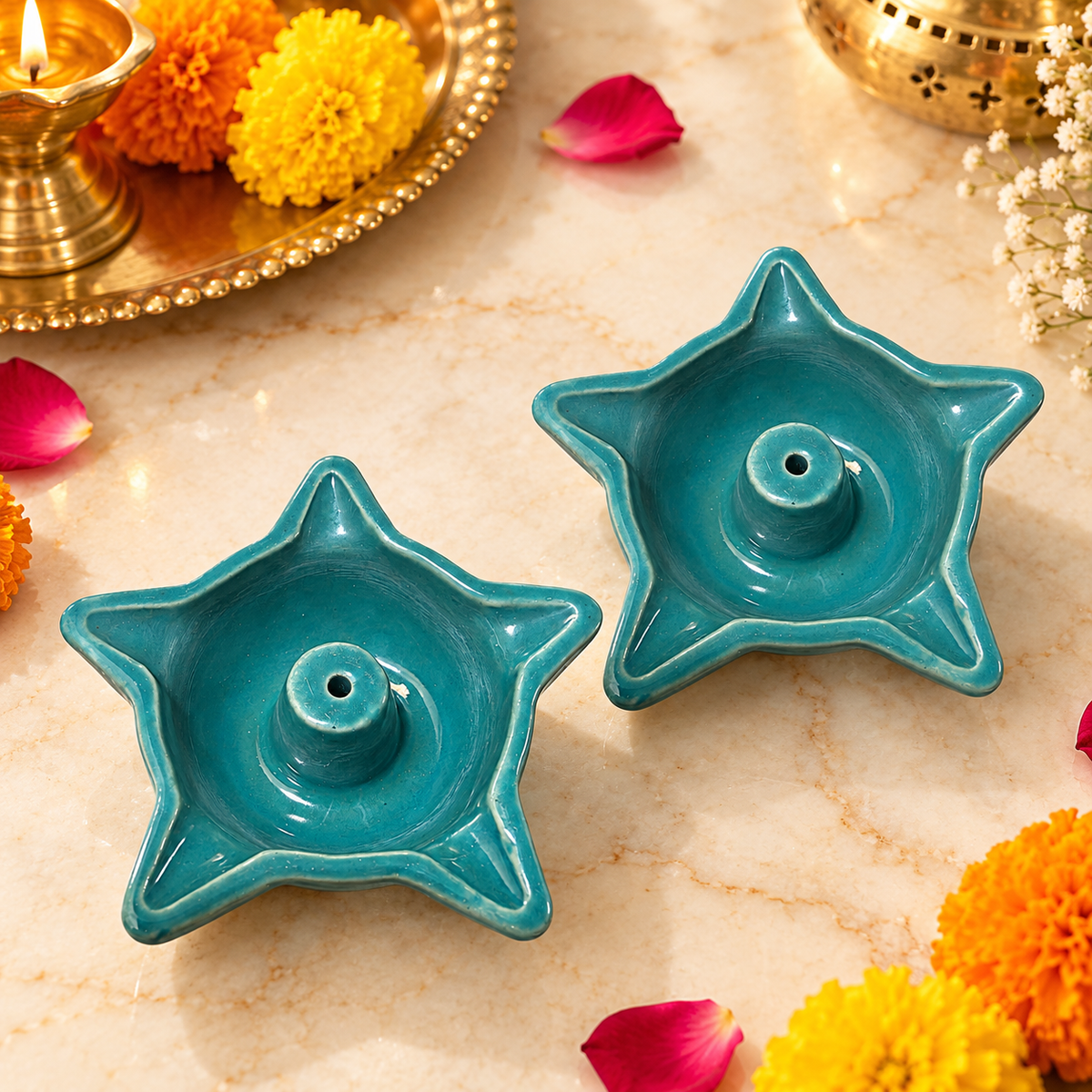 Turquoise Star Ceramic Diyas – Set of 2