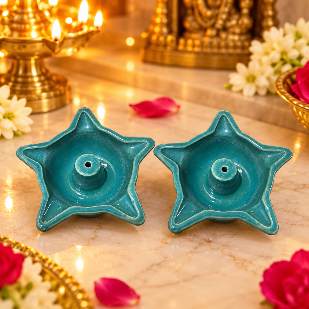 Turquoise Star Ceramic Diyas – Set of 2