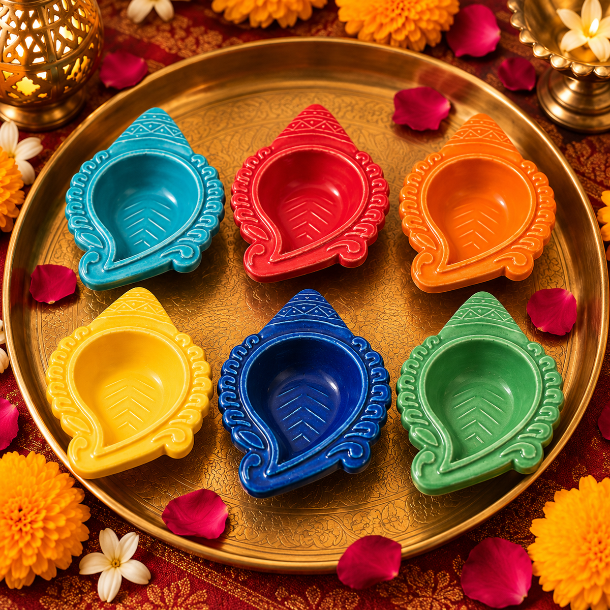 Multicolour Shankh Ceramic Diyas – Set of 6