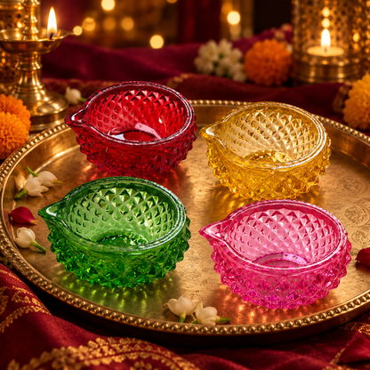 Diamond Cut Premium Glass Diya - Set of 4