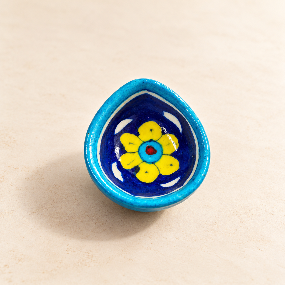 Handpainted Ceramic Diya - Jaipur Blue Pottery Art - blue-yellow