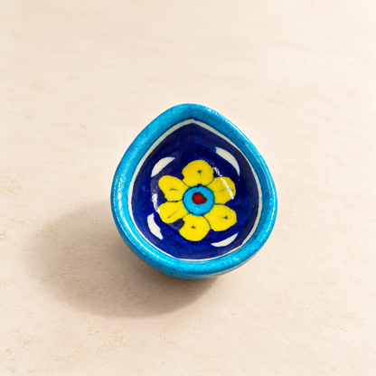 Handpainted Ceramic Diya - Jaipur Blue Pottery Art - blue-yellow
