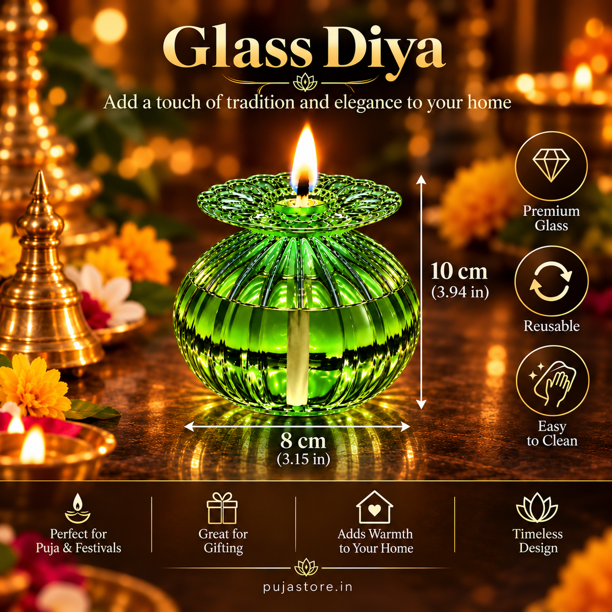 Premium Floral Glass Akhand Diya - Green