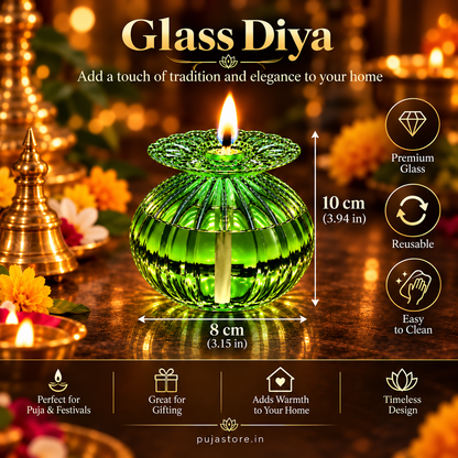 Premium Floral Glass Akhand Diya - Green