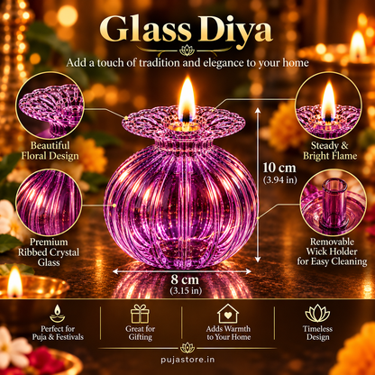Premium Floral Glass Akhand Diya - Purple