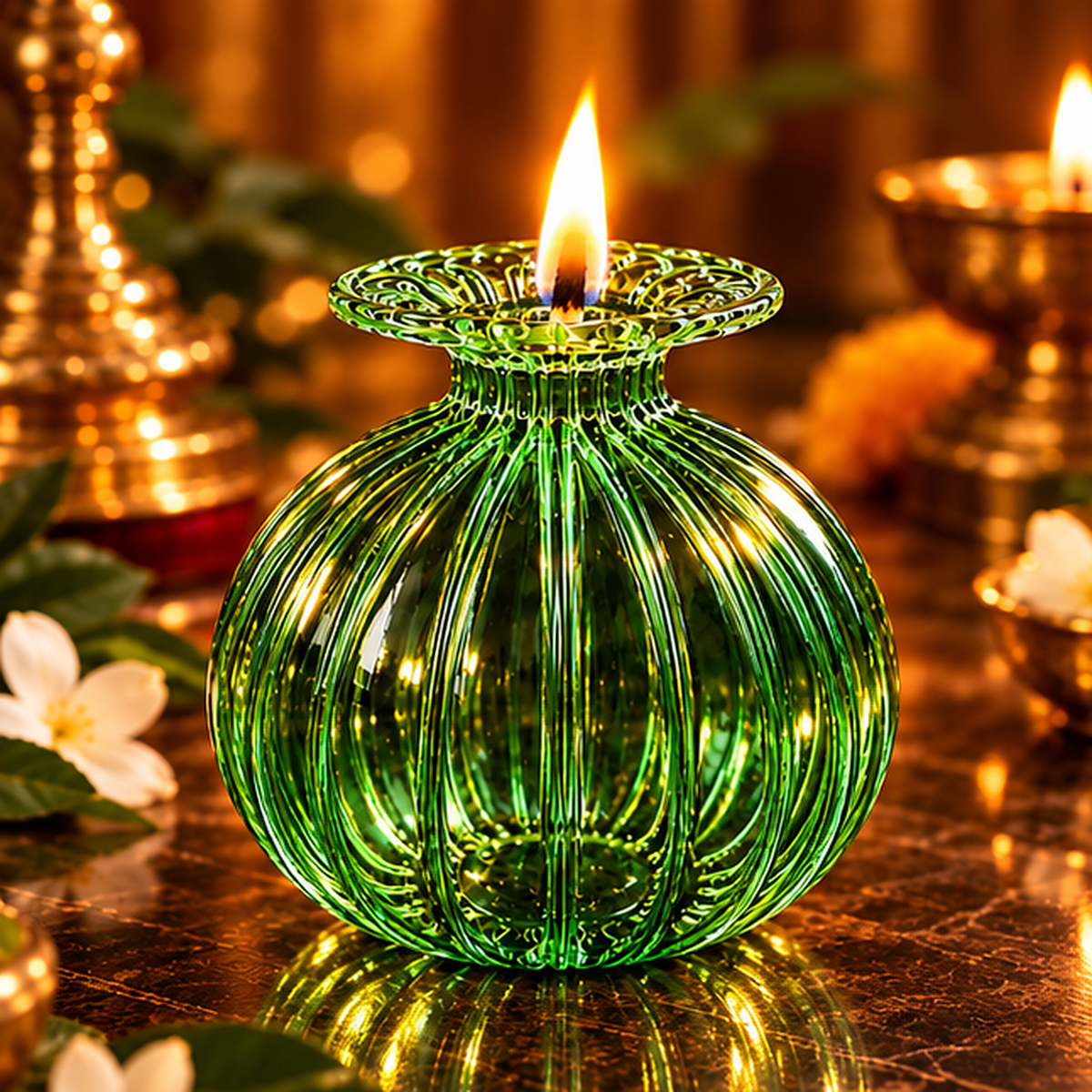 Premium Floral Glass Akhand Diya - Green