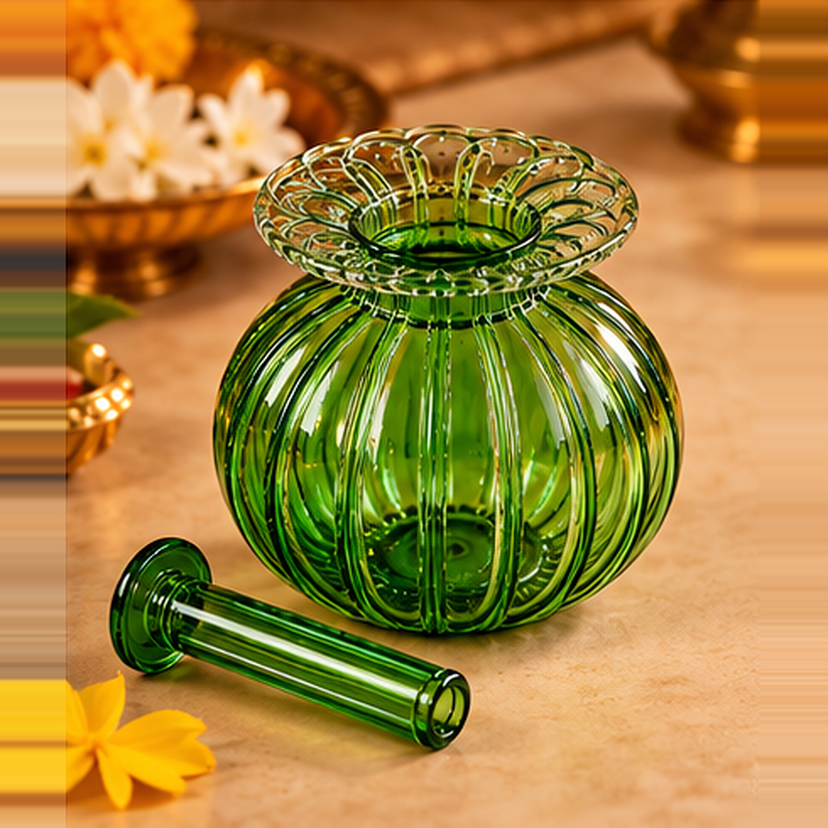 Premium Floral Glass Akhand Diya - Green