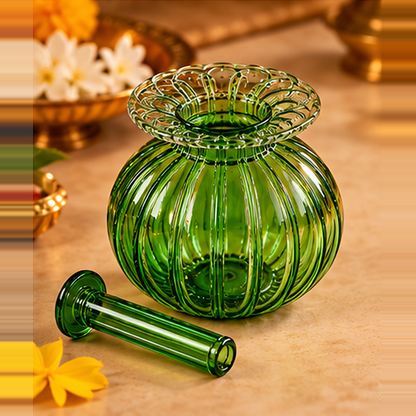 Premium Floral Glass Akhand Diya - Green