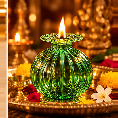 Premium Floral Glass Akhand Diya - Green