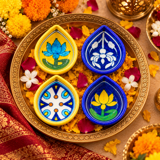 Handpainted Ceramic Diya - Jaipur Blue Pottery Art - Set of 4