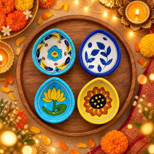 Handpainted Ceramic Diya - Jaipur Blue Pottery Art - Set of 4