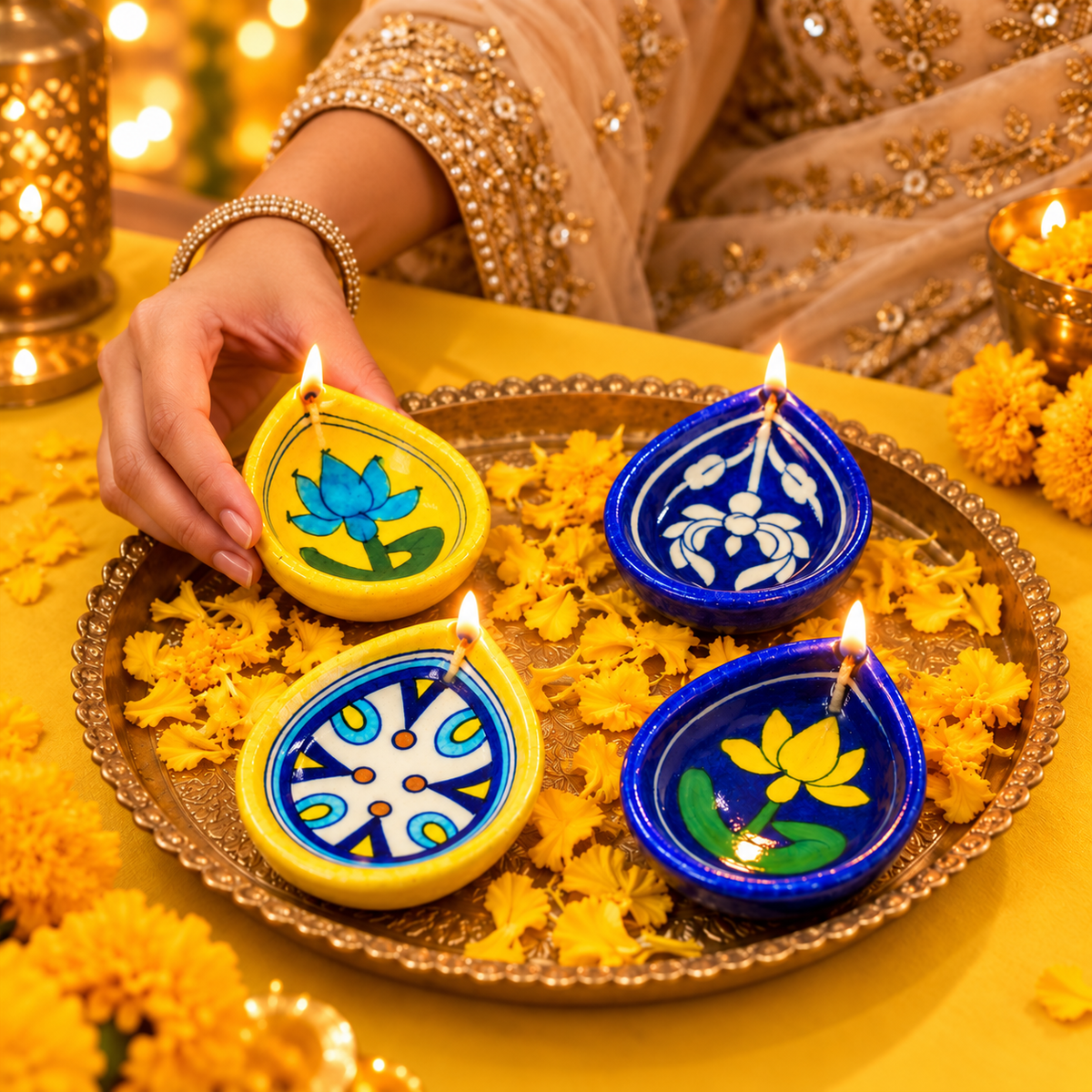 Handpainted Ceramic Diya - Jaipur Blue Pottery Art - Set of 4