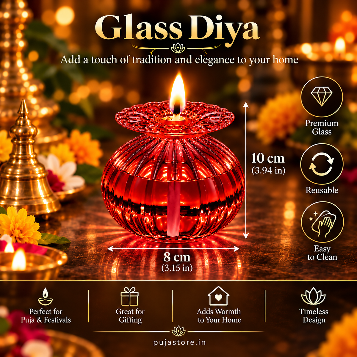 Premium Floral Glass Akhand Diya - Red