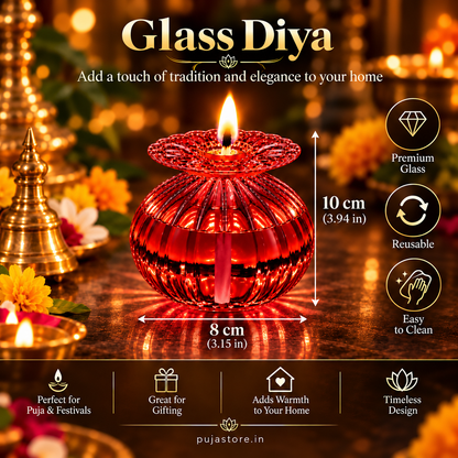 Premium Floral Glass Akhand Diya - Red