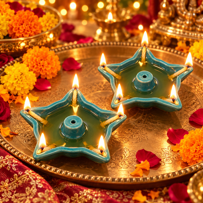 Turquoise Star Ceramic Diyas – Set of 2