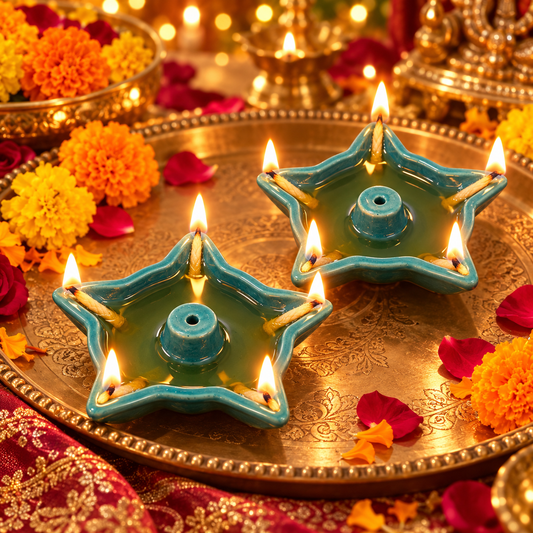 Turquoise Star Ceramic Diyas – Set of 2