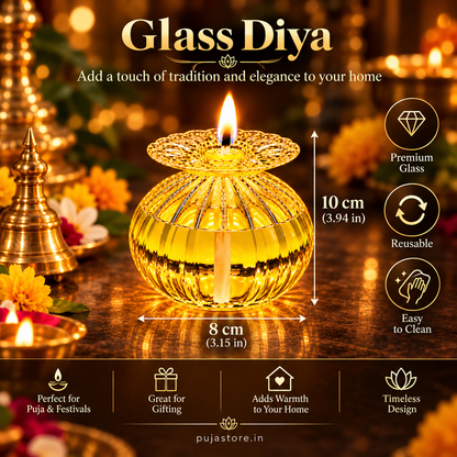 Premium Floral Glass Akhand Diya - Yellow