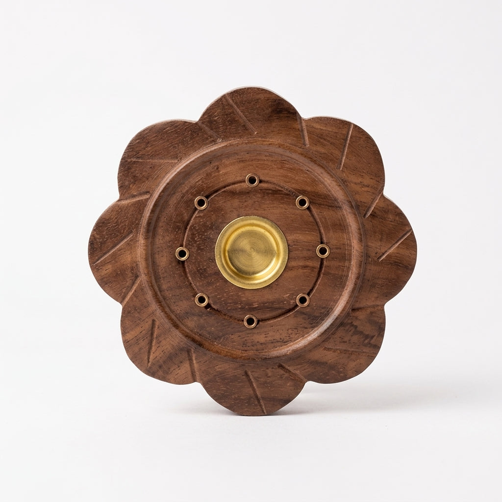 Flower Plate wood Agarbati Stand with Dhoop Holder