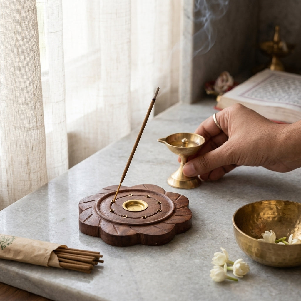 Flower Plate wood Agarbati Stand with Dhoop Holder