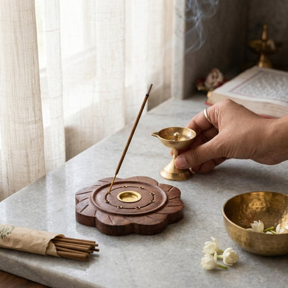 Flower Plate wood Agarbati Stand with Dhoop Holder