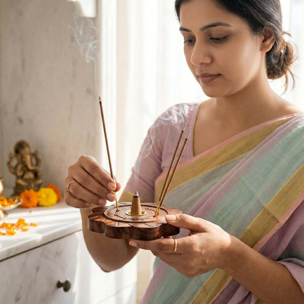 Flower Plate wood Agarbati Stand with Dhoop Holder