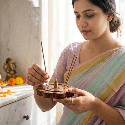 Flower Plate wood Agarbati Stand with Dhoop Holder