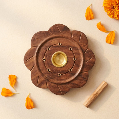 Flower Plate wood Agarbati Stand with Dhoop Holder