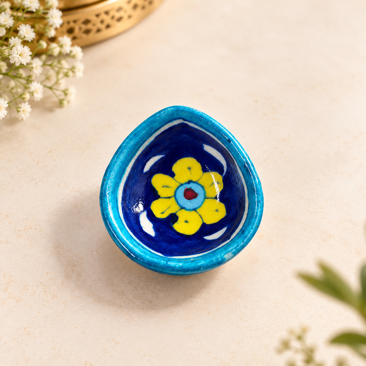 Handpainted Ceramic Diya - Jaipur Blue Pottery Art - blue-yellow