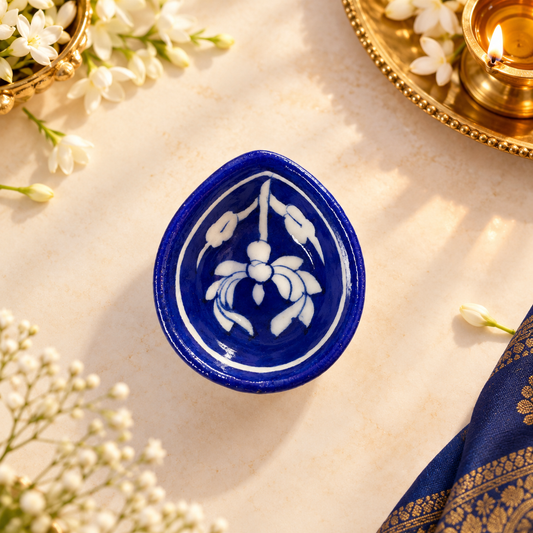 Handpainted Ceramic Diya - Jaipur Blue Pottery Art - Blue