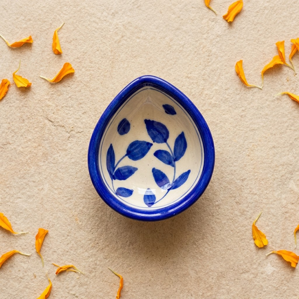 Handpainted Ceramic Diya - Jaipur Blue Pottery Art - White Blue
