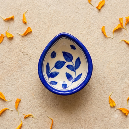 Handpainted Ceramic Diya - Jaipur Blue Pottery Art - White Blue